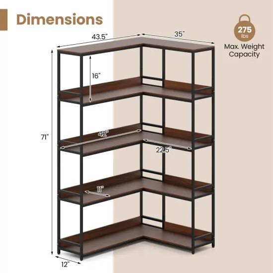 Walnut Metal Engineered Wood L-Shaped Bookshelf with 5 Shelves and Anti-Tip Kits {4}