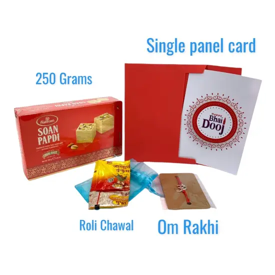 Bhai Dooj, Bhai Beej Card Tika and Haldiram Mithai, Orange Bites, Roli Chawal Plate, Om Rakhi {6}