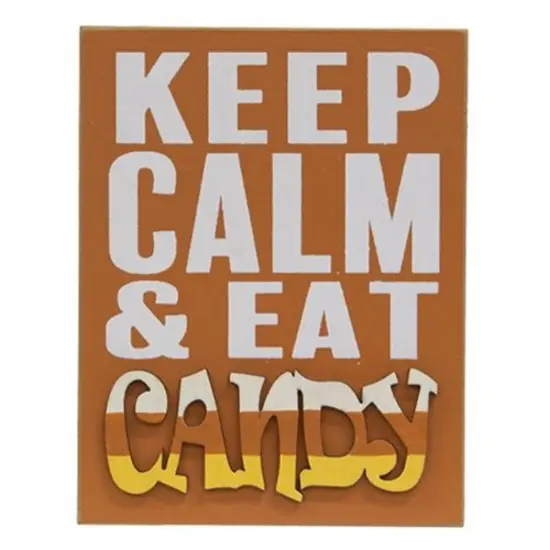 Painted Orange Wood Block Sign Keep Calm Eat Candy Halloween Decoration with Keyhole Slot {1}