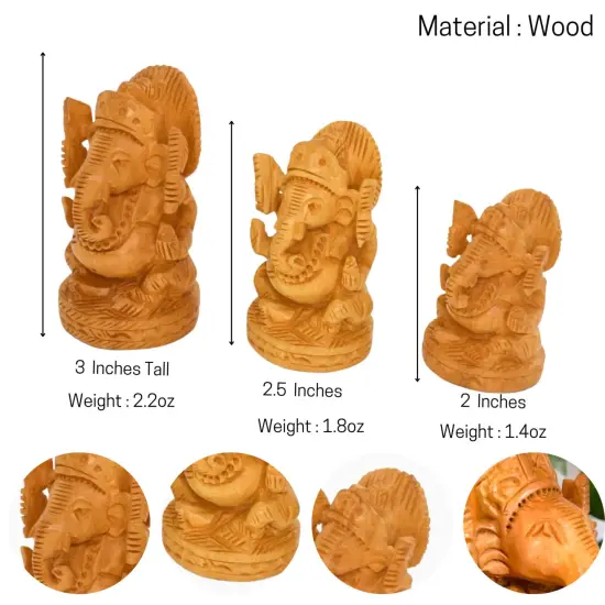 Wooden Ganesha Idol Hand Carved Lord Ganesh Wood Sculpture Gajanana Ganpati Bappa Figurine for Pooja - Home Decor Office Desk Hindu God Idol Murti Good Luck & Success - Hindu God Idol {5}