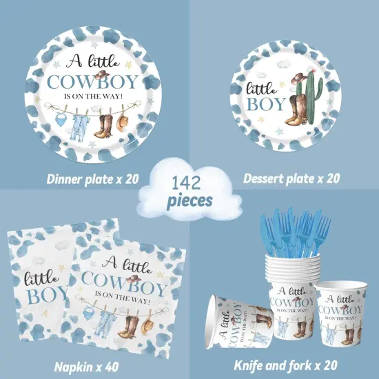 142pcs Cowboy Baby Shower Decorations Western Baby Boy Plate {2}