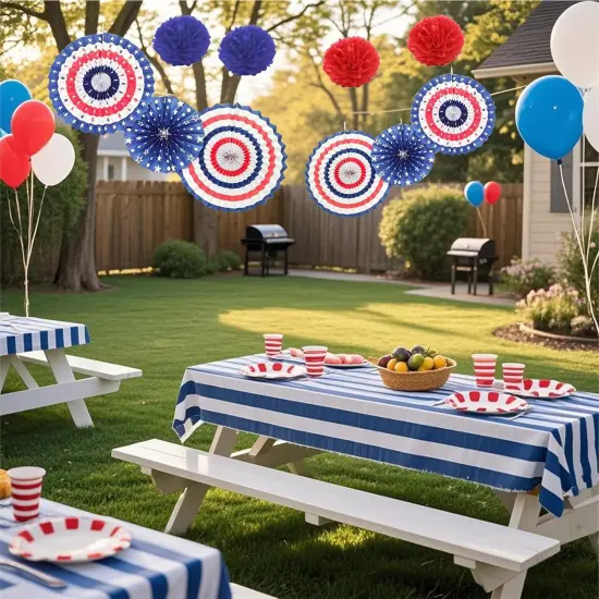 27PCS 4th of July Patriotic Party Decorations Set&ndash;Red White Blue Paper Fans, Star Pom Poms, USA Flag Pennant {3}