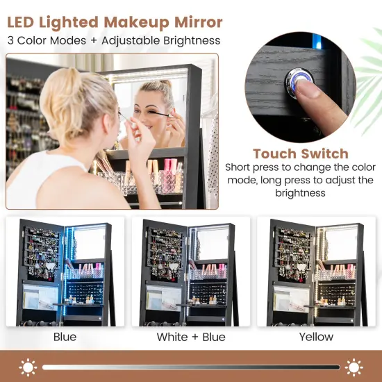 Black MDF Glass 4-in-1 Rotating Jewelry Cabinet with Mirror and LED Lights {5}