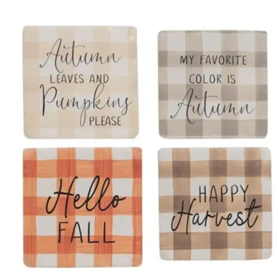 Fall Gingham Resin Coaster Set &ndash; Set of 4 Autumn Themed Drink Coasters with Cork Backing & Plaid Designs {1}