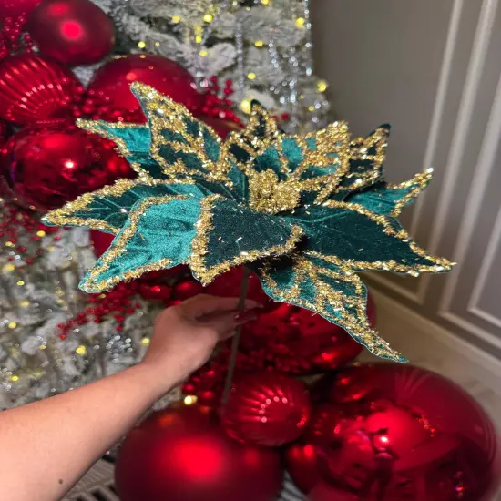 Green and Gold Glittered Poinsettia Christmas Flower Stem Spray 13'' Set of 3 {3}