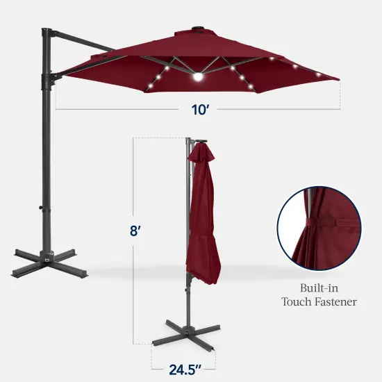 Best Choice Products 10ft 360° Rotating Cantilever Easy Auto Open Patio Umbrella w/ Solar LED Lights Burgundy {2}