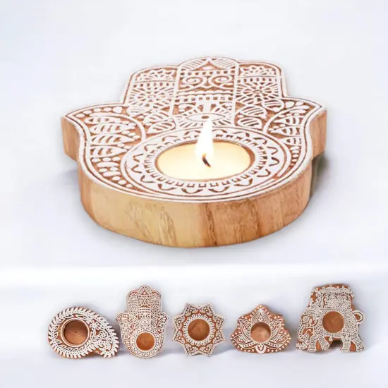 Wooden Block Print Tea Light Candle Holders for Diwali Handmade Tlight for Deepawali Decoration Items Designer Diya Deepam for Goddess Worship Housewarming Gifts (hamsa/paisley/star/lotus) {7}