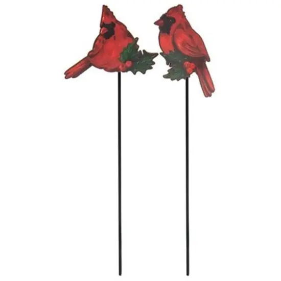 Red Wood and Metal Cardinal Plant Stakes with Holly Accents 2 Asstd. {1}
