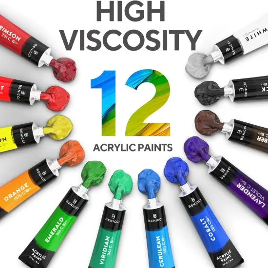 12х Rich Pigment Colors & 6x Art Brushes - Includes 3 Paint Canvases {4}