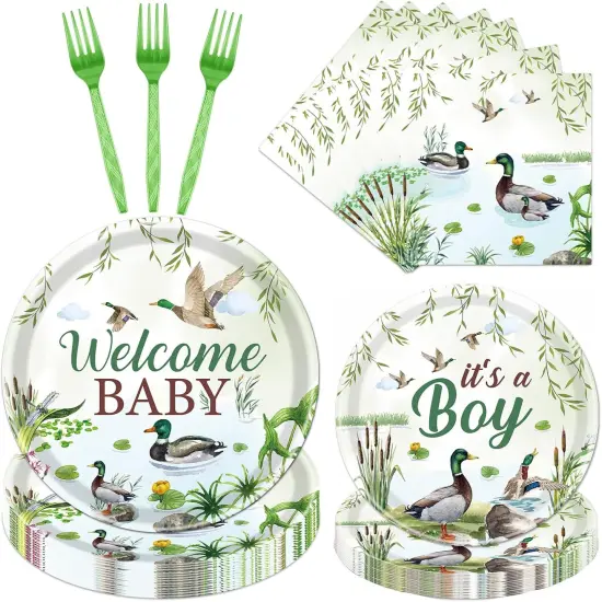 96PCS Mallard Duck Baby Shower Tableware Set - Serve 24 {1}