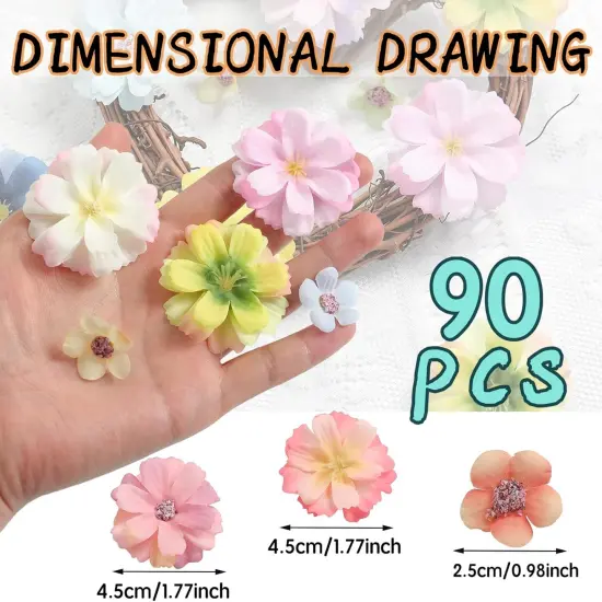 90 Pcs Mini Artificial Silk Flower Heads - Multicolor Peony, Daisy {2}