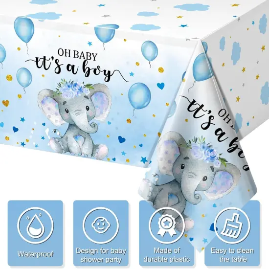 3 Pack Elephant Baby Shower Tablecloth Decorations-54 x 108 Inch, Blue {3}