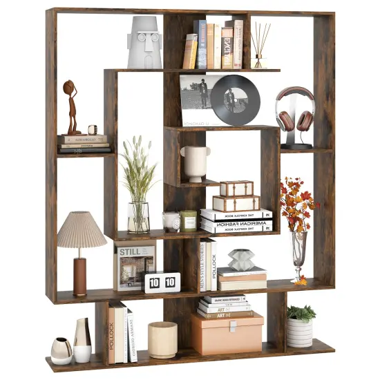 Rustic Brown Engineered Wood 7-Tier Bookshelf with Anti-Tip Kit and Geometric Design {4}