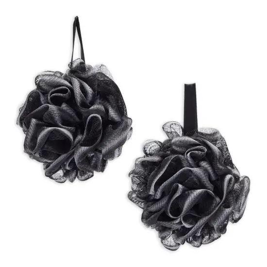 Loofah Bath Set with 1 Loofah on A Stick, 2 Sponge Poufs, and 1 Shower Hook Black {7}