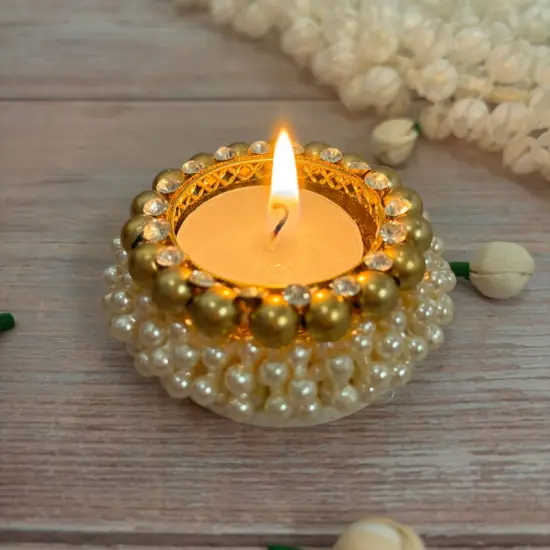 Pearl Tealight Candle Holder Festival of Light Decorative T-light Holder for Diwali Navratri Christmas Thanksgiving Housewarming Gift Candle Stand for Centerpiece Dining Table Home Decor {4}