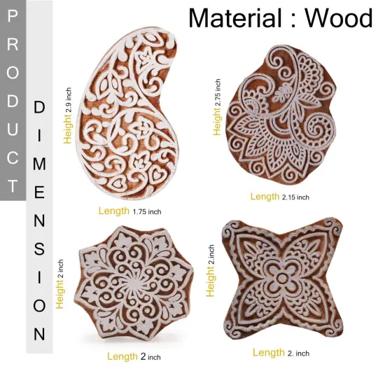 Wooden Printing Stamps Wood Block Stamps for Crafting Handcarved Indian Textile Printing Blocks for Henna Tattoo Saree Border Scrapbooking Clay, Pottery Stamps Mandala Paisley Shapes {6}
