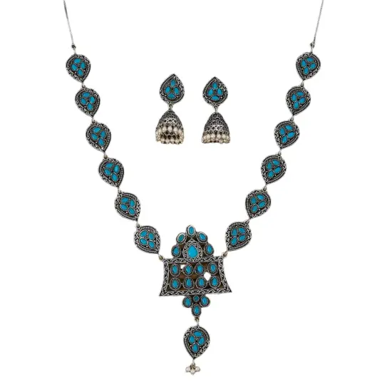 Indian Oxidized Jewelry Boho Tribal Jewelry Indian Long Necklace Bohemian Jewelry Afghani Tribal Tassel Long Ghungroo Necklace Earrings Set Choker Necklace Fashion Jewelry Aqua {1}