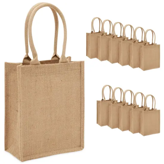 12 Pack of Natural Burlap Tote Bags with Handles 8 x 10 x 4 Inches for Groceries, Shopping, Beach, DIY Crafts, Art Projects, Bachelorette Party, Reusable Bulk Set Brown {1}