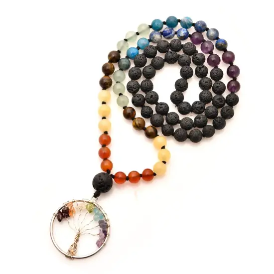 108 Mala Beads Necklace 7 Chakra Tree of Life Lava Rock Stone Natural Healing Crystal Gemstones Yoga Meditation Japa Mala Beaded Life Tree Pendant Hand Knotted Prayer Beads Rosary Jewelry {1}