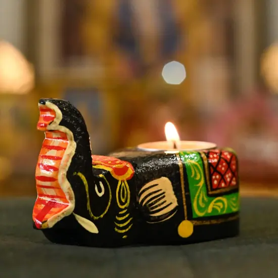 Wooden Elephant Tealight Candle Holder Handpainted Sitting Elephant T-light Table Top Decorative Showpiece Home Living Room Office Decor Indian Festival Housewarming Diwali Return Gifts {3}