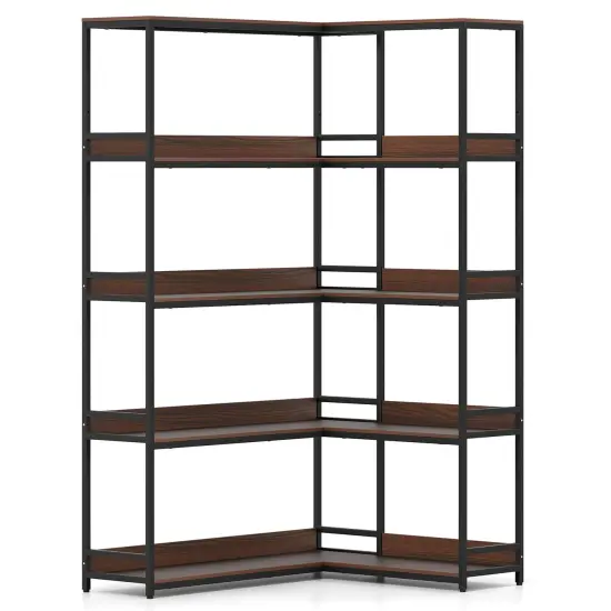 Walnut Metal Engineered Wood L-Shaped Bookshelf with 5 Shelves and Anti-Tip Kits {1}