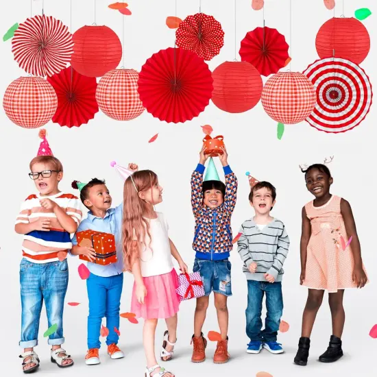 15Pcs Red Party Decorations Supplies Set, Hanging Red Paper Lanterns Paper Fans {2}