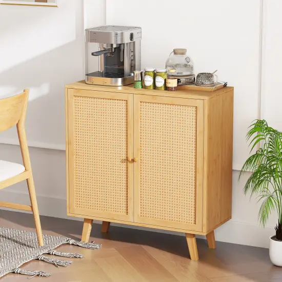 Natural Wicker PE Rattan Sideboard Cabinet with 2 Doors, Raised Base and Non-Slip Pads {6}