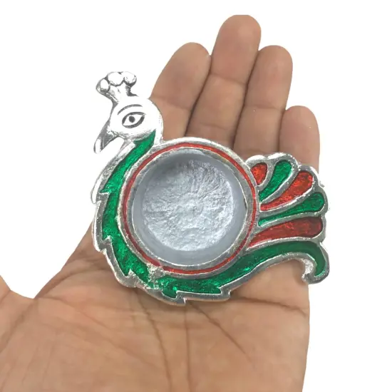 Peacock Deepam Brass Finish Diya Samai Deepak Oil Lamp Indian Festival Diwali Diya Hindu Puja Religious Home Decor Pooja Lamp Indian Housewarming Wedding Gift - Corporate Return Gift Silver {5}