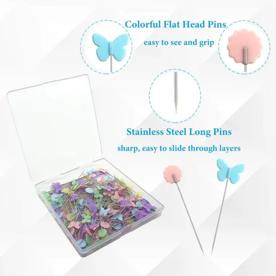 200pcs Sewing Pins Flat Head Straight Pins with Butterfly {2}