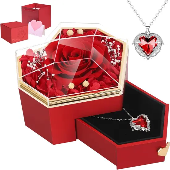 Preserved Red Real Rose with Necklace Forever Flowers Diamond Shaped Box {1}