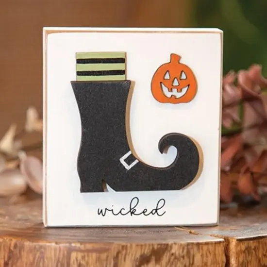 Halloween Witch Boot Sign Block with Pumpkin for Shelf or Table Decor {2}