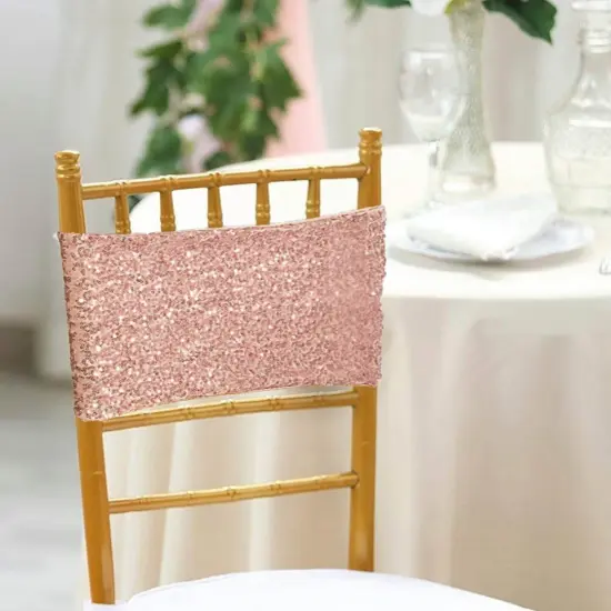 10 Pieces Elegant Blush Pink/Rose Gold Sequin Stretch Spandex Chair Bands 7 x 13 Inches {2}