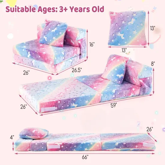 Flannel Fabric Kids Sofa Bed with Glow-in-the-Dark Design and Pillow Multicolor {3}
