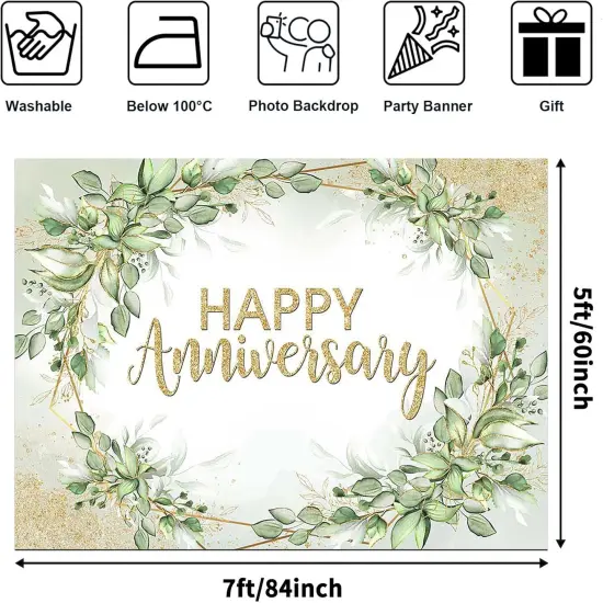 Happy Anniversary Backdrop - Sage Green Leaves Banne(7x5ft) {2}