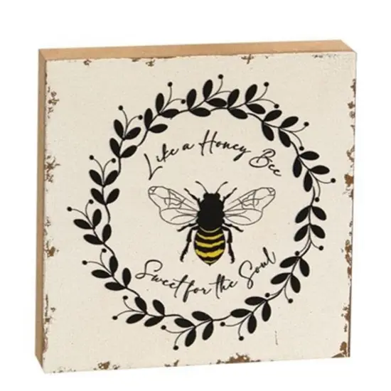 Rustic Honey Bee Wood Block Sign with Sweet Quote Freestanding Shelf Decor for Home or Office {1}