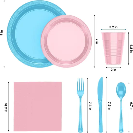 Exquisite 350 Pcs Plastic Plates for Party &ndash; Disposable Plates Set &ndash; 50 Each of 9" Dinner Plates, 7" Dessert Plates, Plastic Cups, Napkins & Plastic Cutlery &ndash; Plastic Dinnerware by Party Solids Blue & Pink {3}