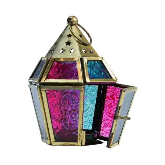 In the Breeze 9206 &mdash; Teal & Pink Mini Hex Tealight Lantern &mdash; Moroccan-Style Boho Chic Tealight Glass and Metal Tabletop Lantern {1}