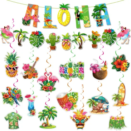 32 Pieces Hawaiian Luau Birthday Party Hanging Swirl Decorations, Flower Tropical Palm Flamingo Sign Foil Ceiling Decor for Floral Tropical Party Summer Beach Pool Tiki Supplies(Summer) {1}