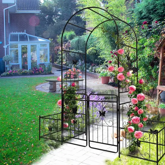 Metal Garden Plant Support Arch with Gate 79.5"x86.6" {8}