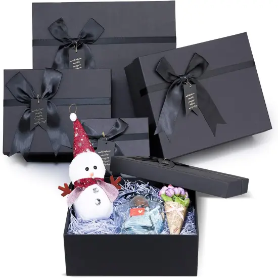 Black Nested Gift Boxes With Lids, Assorted Sizes (Set of 4 With Ribbon Bows and Label) Black Gift Boxes for Present, Luxury Gift Boxes for Anniversaries, Birthdays, Weddings,Valentines, Graduation, Etc. {5}