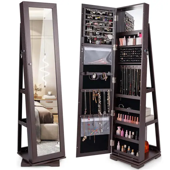 Costway 360degree Rotatable Jewelry Cabinet 2-in-1 Lockable Mirrored Organizer White/Black/Dark Brown/Gray/Blue/Pink/Purple/Dark Gray {1}