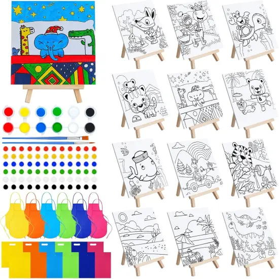 48 Pcs Kids Paint Party Favors Sets with 12 Pcs Pre Drawn Canvas Panel {1}