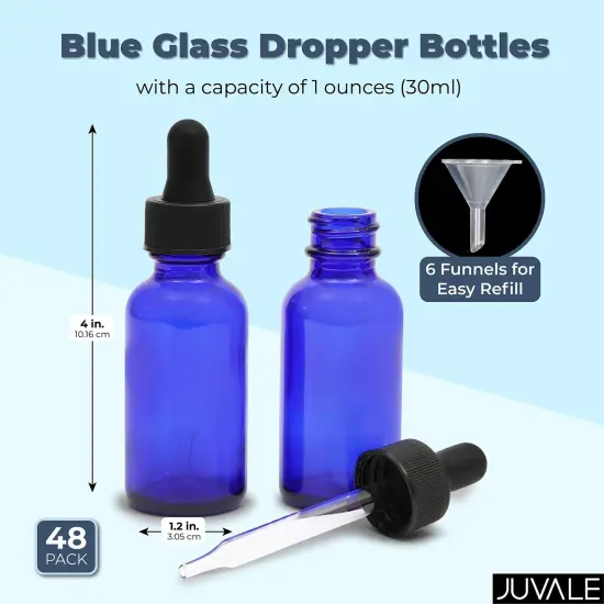 48 Count 1 oz Blue Glass Dropper Bottles and 6 Funnels (30 ml, 54 Pieces) {2}