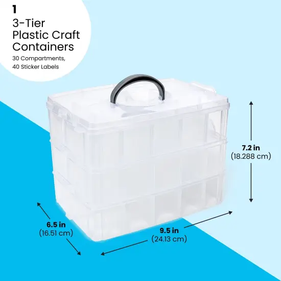 3-Tier Plastic Craft Storage Containers with 30 Compartments, 40 Sticker Labels (9.5 x 6.5 x 7.2 Inch) White {2}