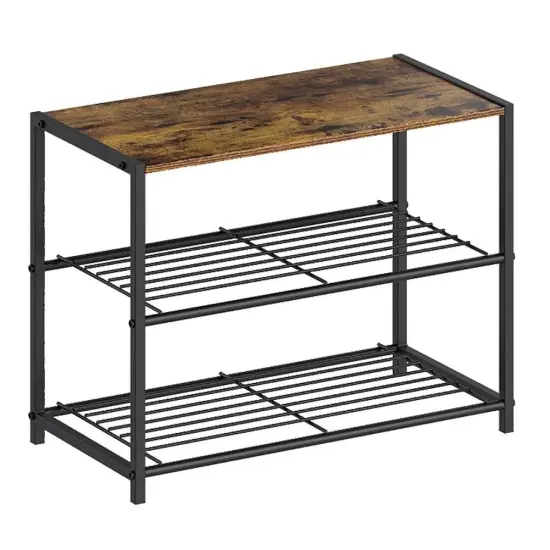 Black-Brown Metal 2-Shelf Shoe Rack Bench with Wood Top and Seat Function {1}