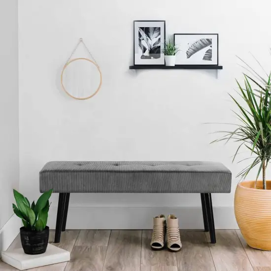 Modern Corduroy Upholstered End of Bed Searing Bench with Black Metal Legs for Living Room Grey {5}
