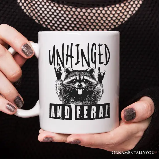 Unhinged and Feral Mug, Funny Raccoon Rock Hands Gift {1}