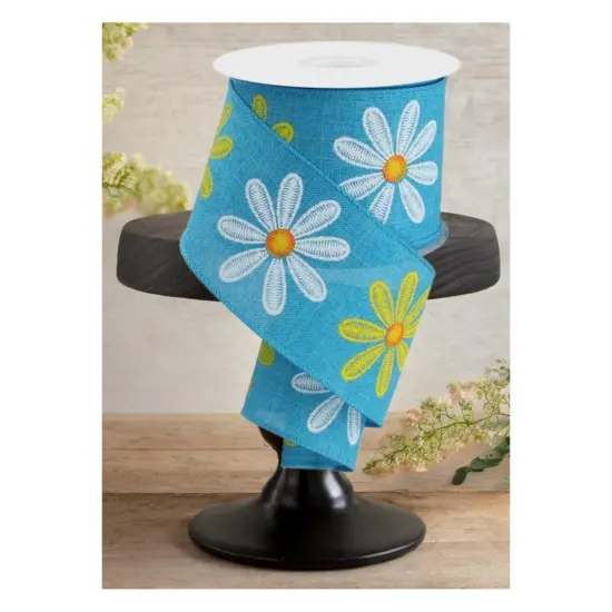 2.5" Embroidered Daisy Ribbon: Turquoise (10 Yards) {2}