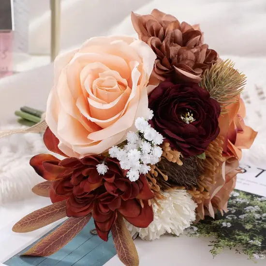 Wedding Bouquets for Bridesmaids Bride Burnt Orange Artificial Dahlia Handmade Silk Rose Bouquet Holding Flowers for DIY Arrangement {1}