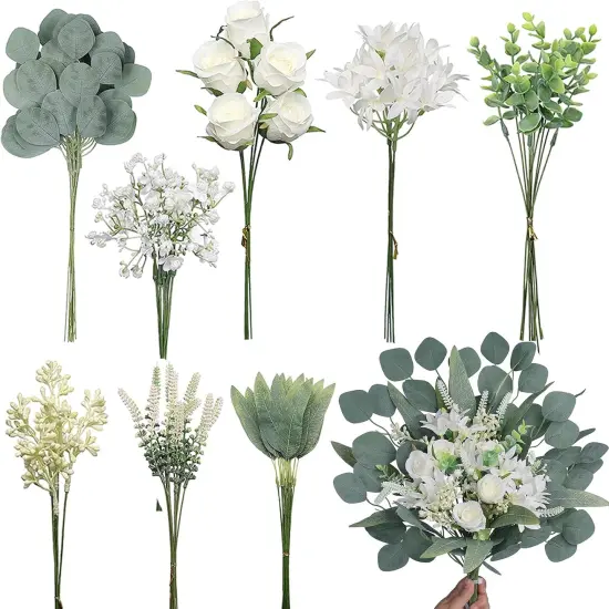 Artificial Greenery Stems Box Set(Pack of 75pcs) with 8 Kinds of Faux Plants and Fake Flowers for DIY Wedding Bouquet Table Centerpieces and Floral Arrangement (White&Green) {1}